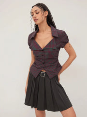 Cotton-blend Tartan Split Gingham Ruched Shirt