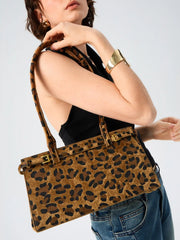 LEOPARD PRINT BELTED FAUX HORSE HAIR SHOULDER BAG