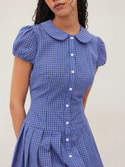 Cotton-blend Collar Plaid Pleated Mini Dress