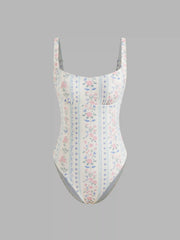 Shaping U-neckline Floral One Piece Swimsuit