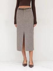 Cotton-blend Mid Rise Houndstooth Maxi Skirt With Belt