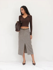Cotton-blend Mid Rise Houndstooth Maxi Skirt With Belt