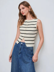 Knit Boat Neck Striped Button Split Vest