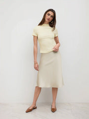 Satin High Rise Ruffle Midi Skirt