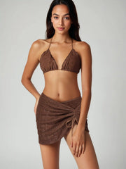 Halter Lettuce Trim Bikini Swimsuit With Drawstring Ruched Cover Up Skirt