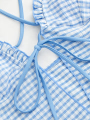 V-neck Gingham Bowknot Lettuce Trim Tankini Bikini Set
