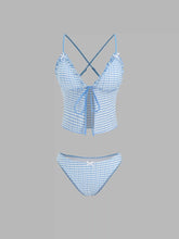 V-neck Gingham Bowknot Lettuce Trim Tankini Bikini Set