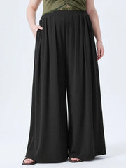 Solid Elastic Waist Pocket Wide Leg Pants Curve & Plus