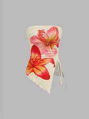 Floral Graphic Drawstring Asymmetrical Hem Bandeau Top