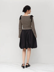 Boat Neck Gingham Bowknot Ruched Long Sleeve Top