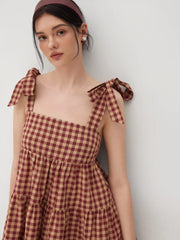 Cotton-blend Gingham Bowknot Tiered Ruffle Mini Dress