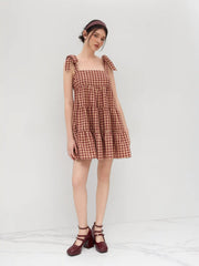 Cotton-blend Gingham Bowknot Tiered Ruffle Mini Dress