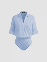 Cotton-blend Collar Roll-up Sleeve Shirt Bodysuit