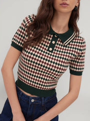 Knit Polo Argyle Short Sleeve Top