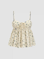 Jacquard Sweetheart Ditsy Floral Ruffle Hem Shirred Cami Top