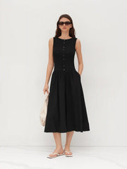 Boat Neck Button Up Ruffle Midi Dress