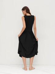 Boat Neck Button Up Ruffle Midi Dress