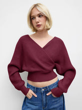 Knit V-neck Solid Wrap Crop Long Sleeve Top