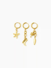 3PCS STARFISH & BOOTS & COCONUT TREE & FEATHER 18K GOLD PLATED STAINLESS STEEL SHOE CHARM SET