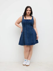 Stretch Denim Square Neck Zipper Dress Curve & Plus