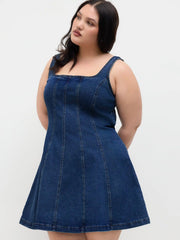 Stretch Denim Square Neck Zipper Dress Curve & Plus