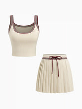 Knit U-neckline Stripe Tank Top & Mid Rise Pleated Mini Skirt Set