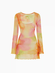 Round Neckline Floral Gradient Knotted Lettuce Trim Cover Up Dress