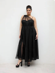 Mesh Asymmetrical Neck Glitter Corset Maxi Dress Curve & Plus