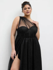 Mesh Asymmetrical Neck Glitter Corset Maxi Dress Curve & Plus