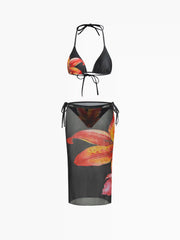 V-neck Floral Knotted Halter Tie Side Bikini Set With Cover Up Skirt