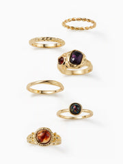 6PCS RHINESTONE TEXTURED METALLIC RING SET
