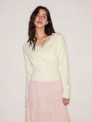 Knit V-neck Solid Lace Trim Wrap Long Sleeve Top