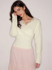 Knit V-neck Solid Lace Trim Wrap Long Sleeve Top