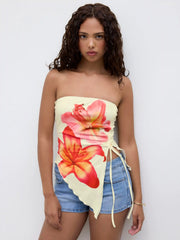Floral Graphic Drawstring Asymmetrical Hem Bandeau Top