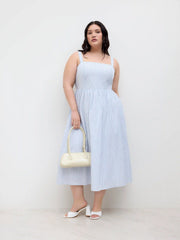Cotton Square Neck Stripe Shirred Ruffle Midi Dress Curve & Plus