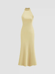 Satin Halter Neckline Backless Maxi Dress