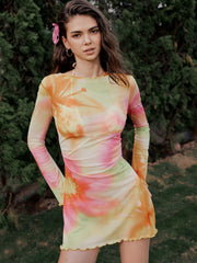 Round Neckline Floral Gradient Knotted Lettuce Trim Cover Up Dress