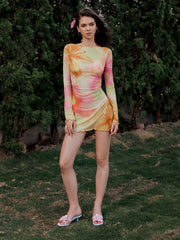 Round Neckline Floral Gradient Knotted Lettuce Trim Cover Up Dress