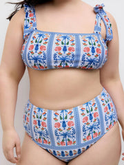 Square Neck Floral Knotted Bracelet Full Coverage Bikini Swimsuit With Sarong Curve & Plus
