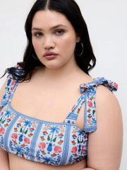 Square Neck Floral Knotted Bracelet Full Coverage Bikini Swimsuit With Sarong Curve & Plus