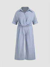 Cotton-blend Collar Striped Knotted Roll-up Sleeve Jumpsuit Curve & Plus