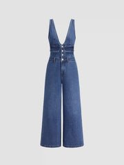 Cider Denim V-neck Button Pocket Wide Leg Jumpsuit