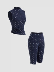Cotton-blend High Neck Polka Dot Asymmetrical Hem Top & Mid Rise Capri Pants Set