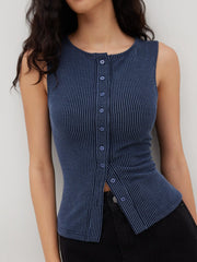 Round Neckline Stripe Button Through Tank Top