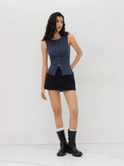 Round Neckline Stripe Button Through Tank Top