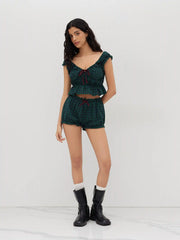 Cotton-blend Tartan Tank Top & Low Rise Tartan Bowknot Bloomer Shorts