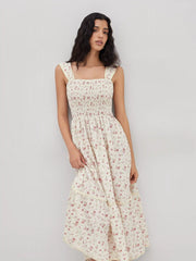 Square Neck Ditsy Floral Shirred Midi Dress