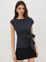 Boat Neck Stripe Knotted Oversized Top