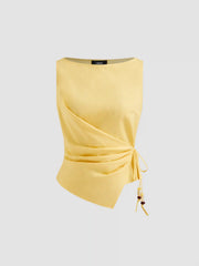 Linen-blend Beaded Knotted Ruched Tank Top