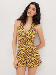Jacquard V-neck Geometric Button Roll Hem Romper